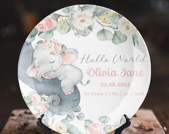 Baby Elefant Geburtsankündigung Zeichen Benutzerdefinierter Name Teller Andenken Baby Stats Individuelle Platte Ornament Personalisierte Teller Geschenk für Neugeborene