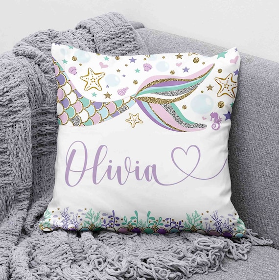 Little Mermaid Pillow Sea Lover Cushion Ocean Nursery Decor Girl Room Decor Custom Name Baby Shower Gift Underwater Animals Pillow Etsy