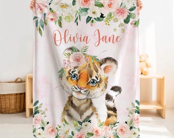 Copertina personalizzata per neonata con cucciolo di tigre, nome personalizzato, tema safari floreale rosa, regalo per la cameretta.