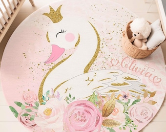 Swan Nursery Rug, Floral Baby Girl Room Decor