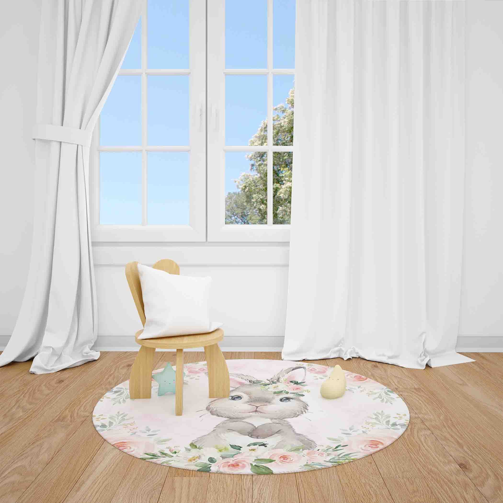 Bunny Rabbit Nursery Rug, Floral Baby Room Decor, Kids Play Mat - Etsy