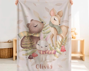 Personalized Woodland Animals Minky Baby Blanket – Custom Name Fall Nursery