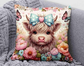 Floral Highland Cow Pillow: Coquette Bow, Nursery Decor