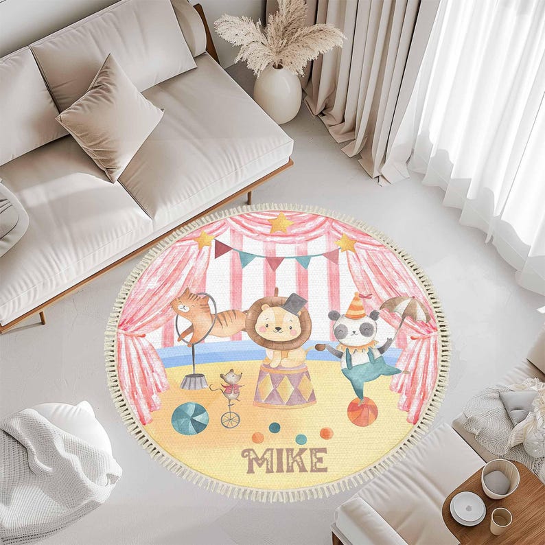 Circus Carnival Round Rug, Safari Animal Nursery Carpet, Toddler Play ...
