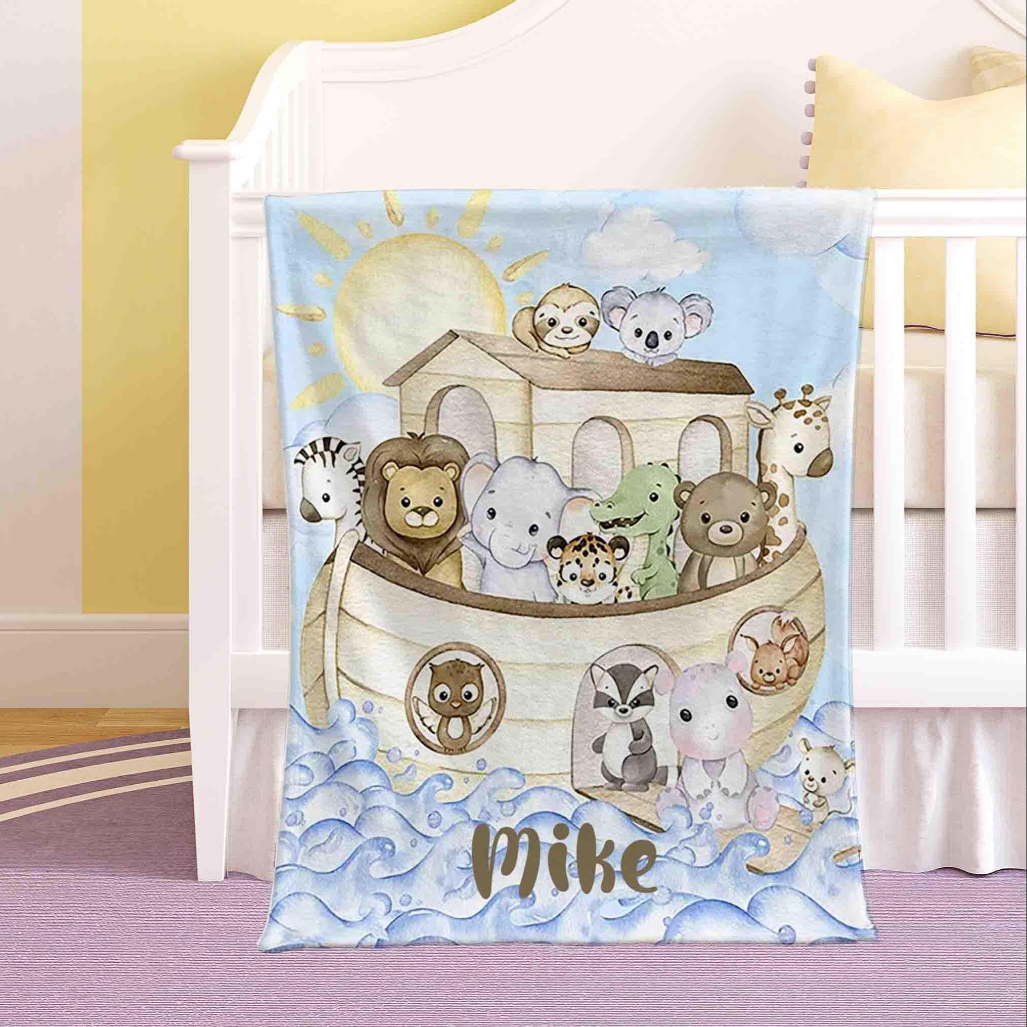 Noah's Ark Nursery Blanket Personalized Baby Blanket Wild Animal Blanket Kids Custom Name Blanket Jungle Baby Shower Gift For Kids