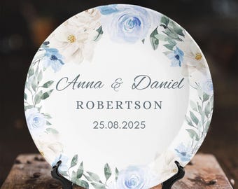 Personalized Blue Floral Wedding Ceramic Plate, Custom Couple Names, Surname and Date