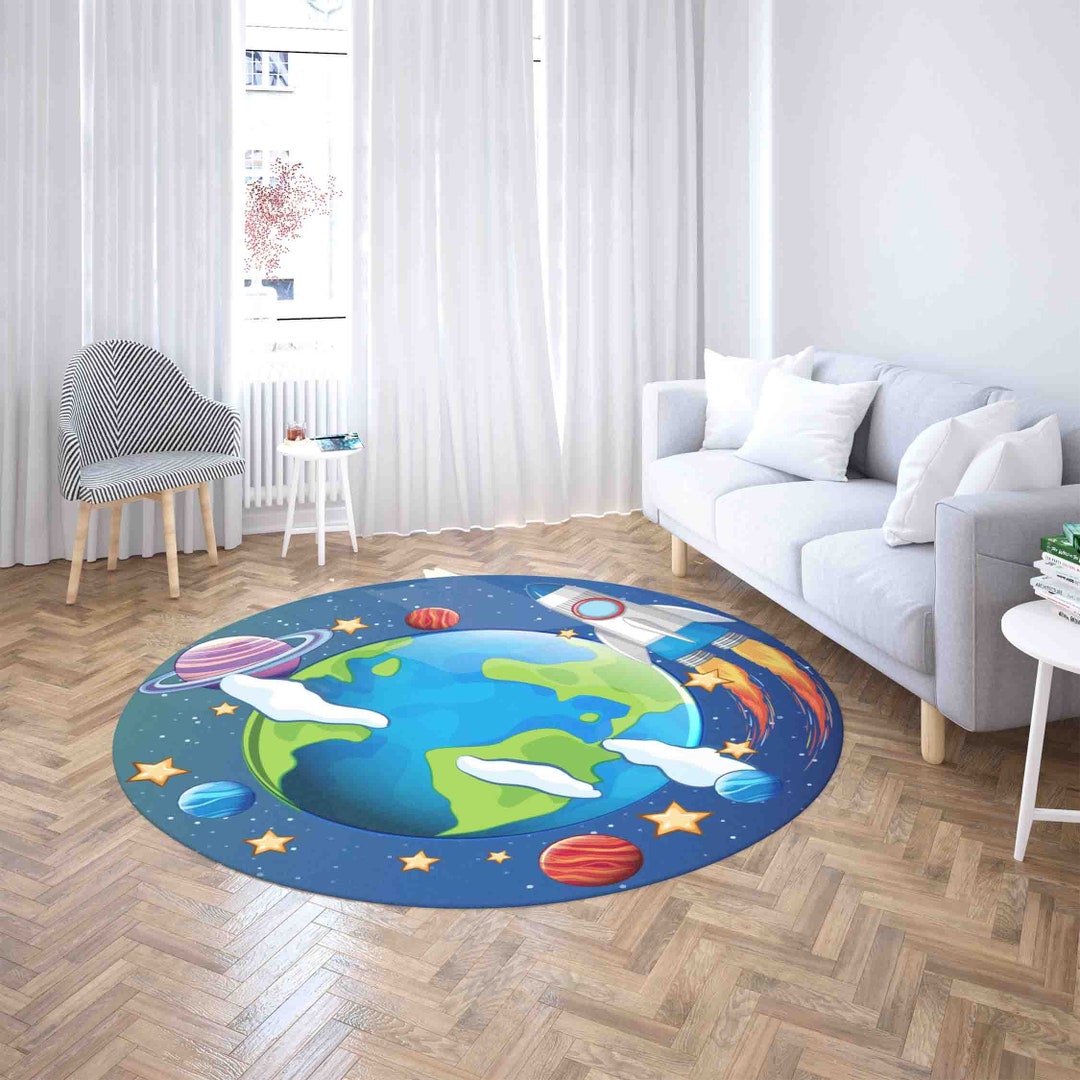 Space Round Rug Planet Earth Rocket Round Rug, Nursery Decor, Custom Name Mat - Etsy