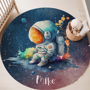 Little Astronaut Carpet, Universe Galaxy Round Rug, Custom Name Nursery Mat, Space Party Home Decor, Kids Room Play Mat, Kids Birthday Gift
