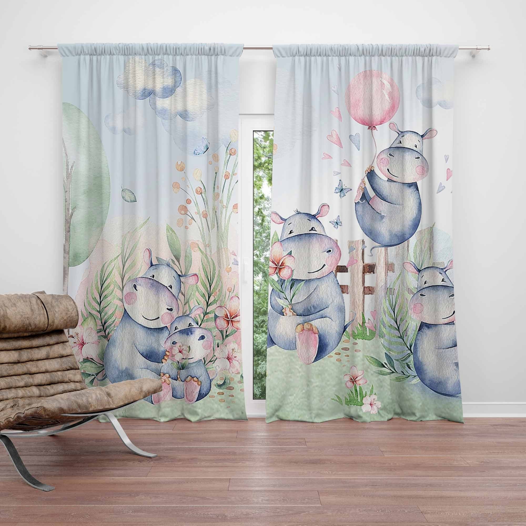 Hippo Family Nursery Curtain Safari Kids Bedroom Curtains Black Out Curtains Nursery Decor Baby Room Curtains Bedroom Living Room Curtains