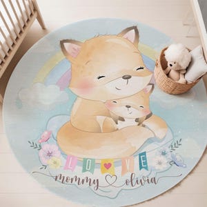 Runder Teppich für Mama und Baby, Fuchs-Regenbogen-Liebe, Kinderzimmer-Dekor, Tier-Babyparty-Dekor, Kinderzimmer-Kreis-Spielmatte, Geschenk für Neugeborene