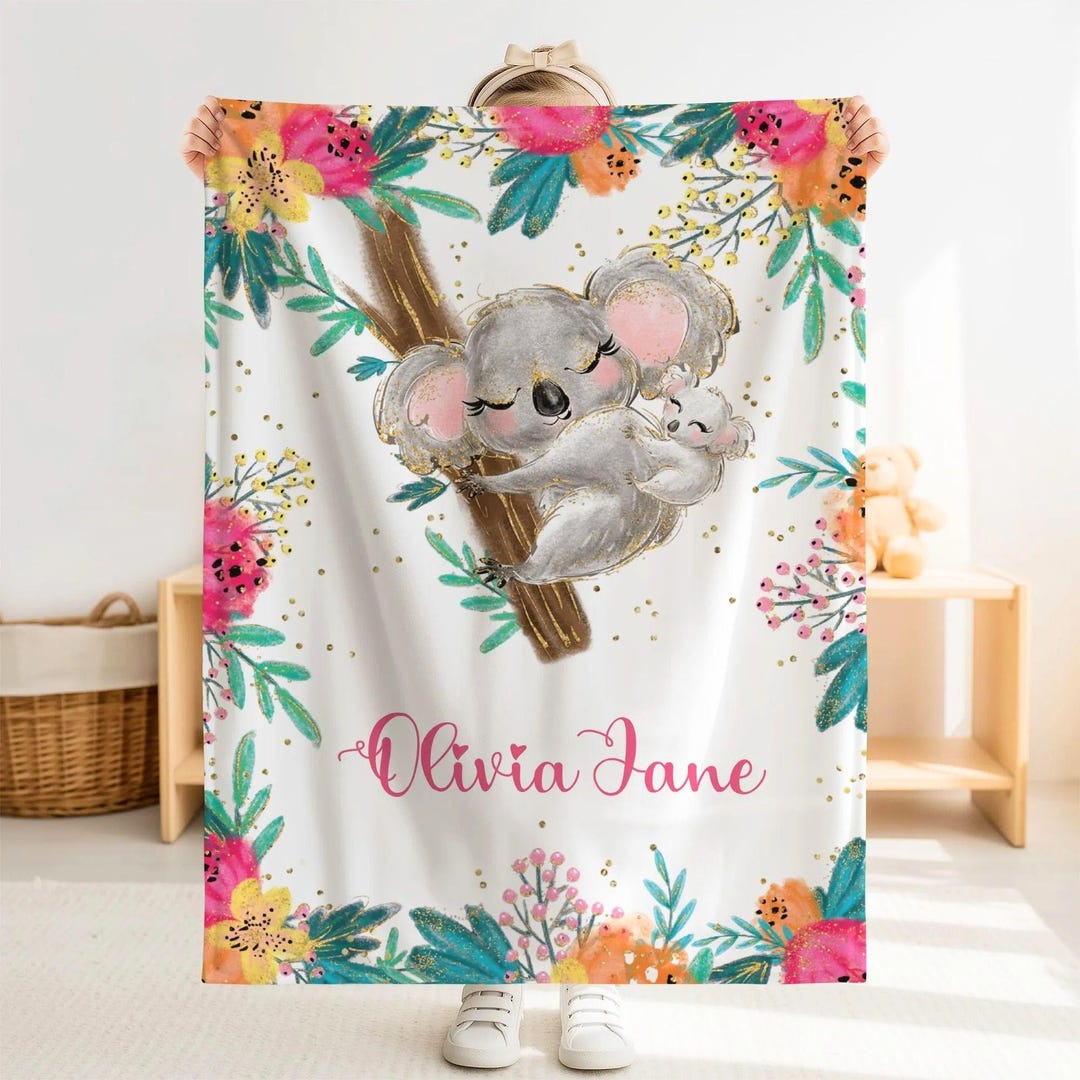 Personalized Mom and Baby Koala Minky Blanket – Custom Name Floral