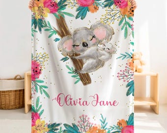 Personalized Mom and Baby Koala Minky Blanket – Custom Name Floral