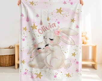 Manta personalizada de conejito para mamá y bebé, regalo personalizado de conejito rosa para la habitación del bebé