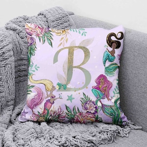 Little Mermaid Cushion, Custom Alphabet Pillow, Ocean Nursery Decor, Girl Room Decor, Custom Baby Shower Gift, Under The Sea Coral Pillow