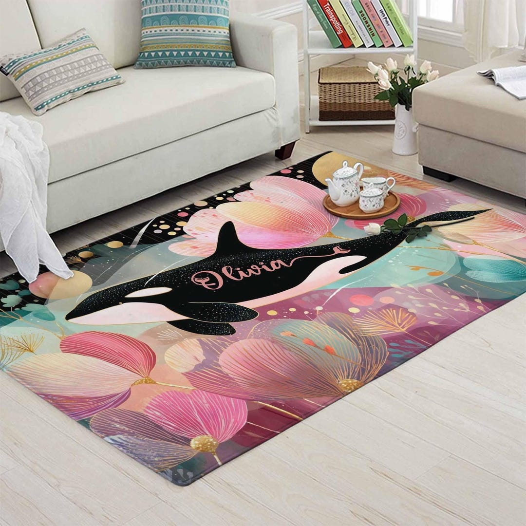 Ocean Whale Playroom Rug, Personalized Sea Animals Nursery Carpet, Kids ...