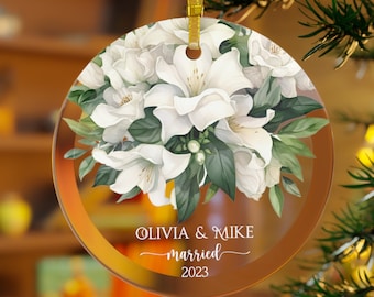 Lily Gardenia Married Ornament Gift Newlywed Gift Mr & Mrs Christmas Ornament Personalized Mr Mrs Wedding Ornament Wedding Gift Keepsake