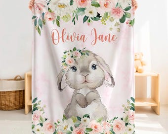 Manta personalizada de conejito para bebé, regalo personalizado con nombre y estampado floral rosa de conejo para la habitación de la bebé.