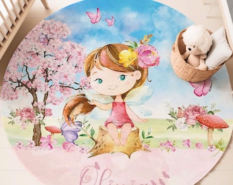 Fairy Nursery Rug, Floral Garden Playroom Carpet