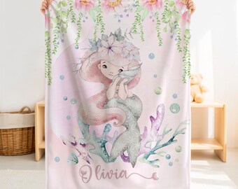 Personalized Pink Mermaid Minky Baby Blanket – Custom Name Ocean Girl Nursery