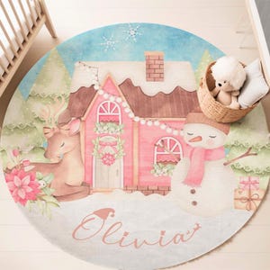 Winter Snowman Rug Christmas Reindeer Mat Xmas Home Decor Nursery Carpet Kids Playroom Mat Round Playmat Circle Floor Area Mat