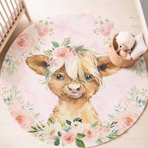 Highland Kuh Kinderzimmer Teppich Baby Kuh Rund Teppich Rose Baby Zimmer Dekor Rosa Blumen Baby Shower Geschenk Cottagecore Kinderzimmer Spiel Matte