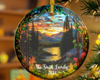 Mountain Lake Life Family Name Ornament,  Boating Personalized Keepsake, Custom Christmas Stained Glass Ornament, Fishing Lover Gift for Him