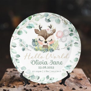 Baby Announcement Sign Birth Stats Customized Plate Ornament Floral Reindeer Custom Name Plate Keepsake Personalized Plates Gift For Newborn