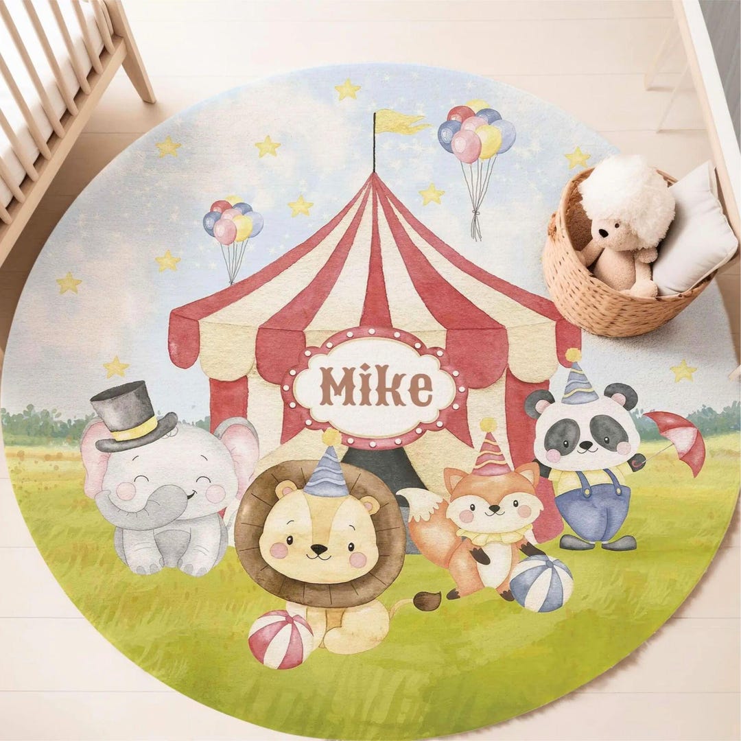 Safari Animals Circus Round Rug, Lion Baby Nursery Play Mat, Kids ...