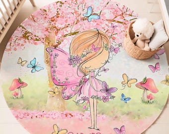 Spring Cherry Blossom Round Rug, Custom Name Birthday Mat, Fairy Party Home Decor Carpet, Kids Room Area Mat, Circle Nursery Floor Mat