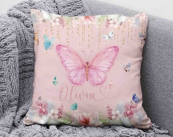 Rosa Blumen Schmetterling personalisierte Kissen, Baby Mädchen Kinderzimmer Dekor Kissen