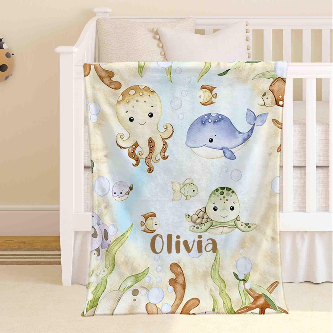 Ocean Animals Baby Blanket Personalized Baby Whale Nursery Blanket Sea ...
