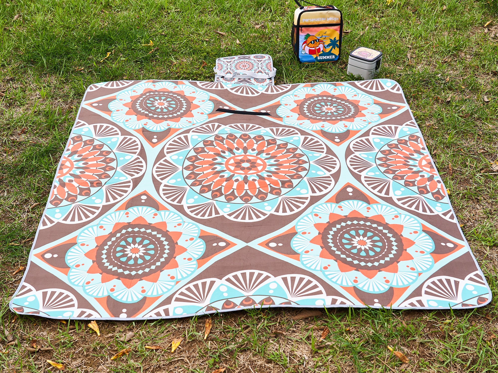 Portable Picnic Blanket 57x59 in Picnic Mat for Beach Travel Camping Lawn  Music Festival Hand Drawn Diamond Yellow Background