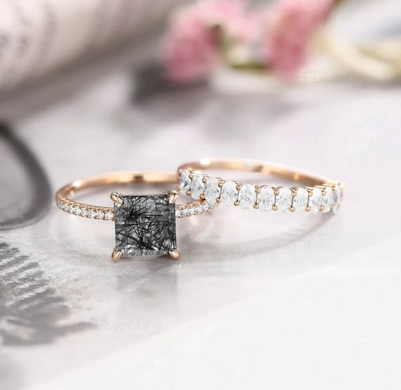 Dainty Princess Cut Engagement Ring Set Black Rutilated Quartz Etsy