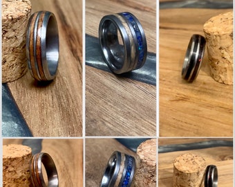 Dual channel inlay rings (Whitby Jet ring, Wood, Opal, Precious stone) (Tungsten Carbide, 6mm, 8mm)