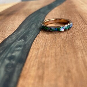 Opal and Gold Tungsten Ring (Women’s Opal and Abalone ring in plated tungsten carbide)