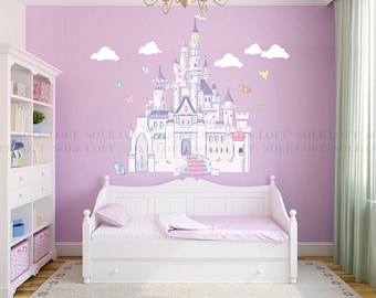 Disney Princess Castle with Colorful Birds and Squirrel Large Wall Sticker, Kids Room Bedroom Playroom Wall Decal, Nursery Wall Decal