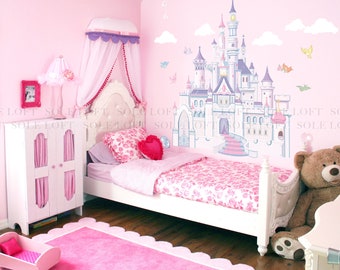 Disney Princess Castle with Colorful Birds and Squirrel Large Wall Sticker, Kids Room Bedroom Playroom Wall Decal, Nursery Wall Decal