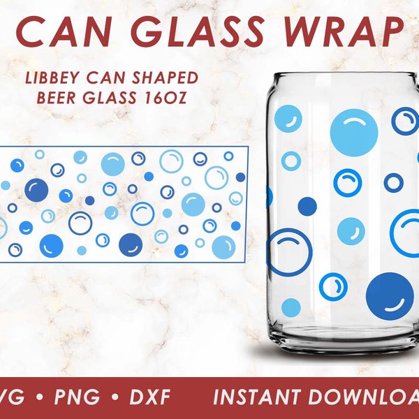 Blue Bubbles Can Glass Tumbler Wrap Svg, Blue Bubbles Libbey Glass Svg, 16oz Libbey Wrap Svg, Png, DXF files for Cricut, Iced Coffee Glass