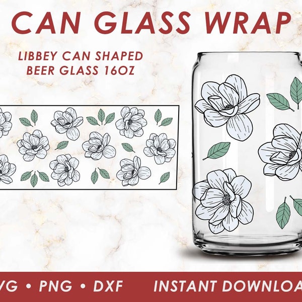 Magnolia Can Glass tumbler Wrap Svg, magnolia tree svg Libbey Glass, 16 oz libbey glass svg files for Cricut, png, dxf, iced coffee glass