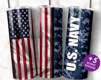 May include: Three stainless steel tumblers with different designs. The first tumbler features an American flag design with red, white, and blue colors. The second tumbler features a red, white, and blue camouflage design. The third tumbler features a blue camouflage design with the text "U.S. NAVY" in white.