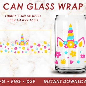Can Glass tumbler Wrap Svg, Unicorn pin designs Libbey Glass, 16 oz libbey glass svg files for Cricut, png, dxf, iced coffee glass