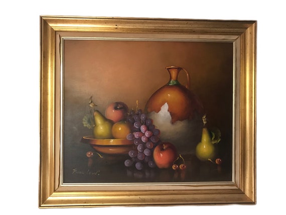 果物の静物 油彩画 緑と金のフレーム 果物の静物 油彩画 緑と金のフレーム