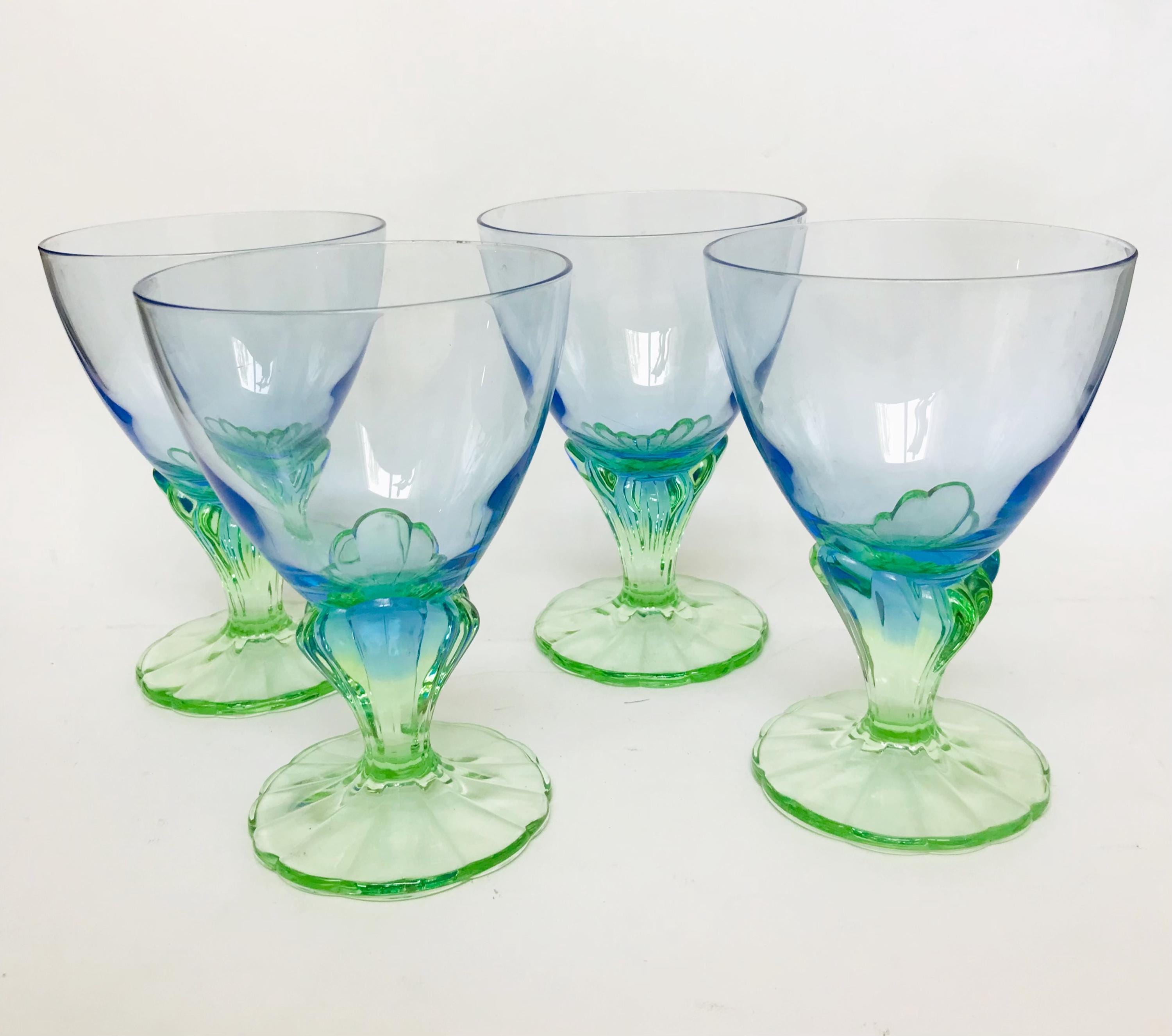 4 Vintage Bormioli Rocco Bahia Blue Green Glasses 80s- Italian