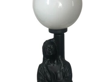 Table lamp from the 1980s - black ceramic - posing lady - art deco style - hollywood regency - glass ball - lamppost - 80&#39;s - post modern - vintage