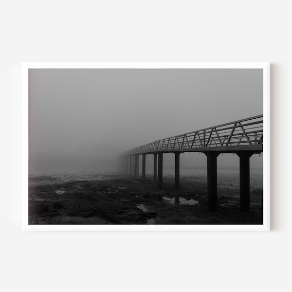 Black and white foggy seascape photo, Misty bridge print, Landscape photography artwork, Downloadable photo, Horizontal wall art