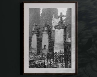 Foto in bianco e nero di un cimitero: stampa di una lapide spettrale (download digitale)