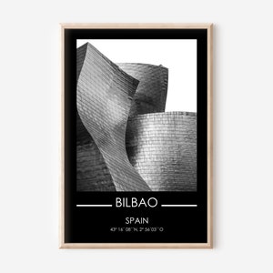 Spanien Reiseplakat, Bilba Poster, Schwarzweiß Architektur Druck, Spanien Stadt Plakat, Koordinaten Druck, Guggenheim Museum Druck