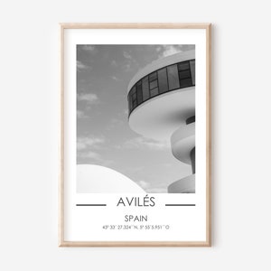 Minimalist Architecture Print, Black White City Poster, Asturias & Avilés Travel Poster, Niemeyer Architecture Wall Art, Digital Download