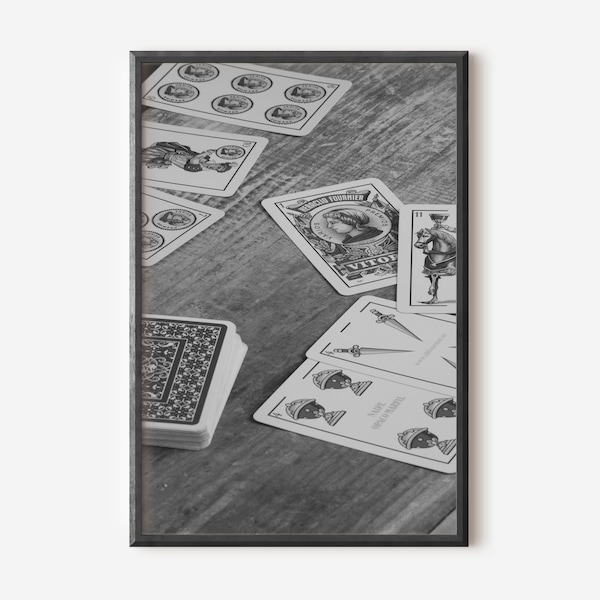 Black and white playing cards photo, Game print, Gaming room decor, Printable wall art, Deck of cards print, Downloadable photograph