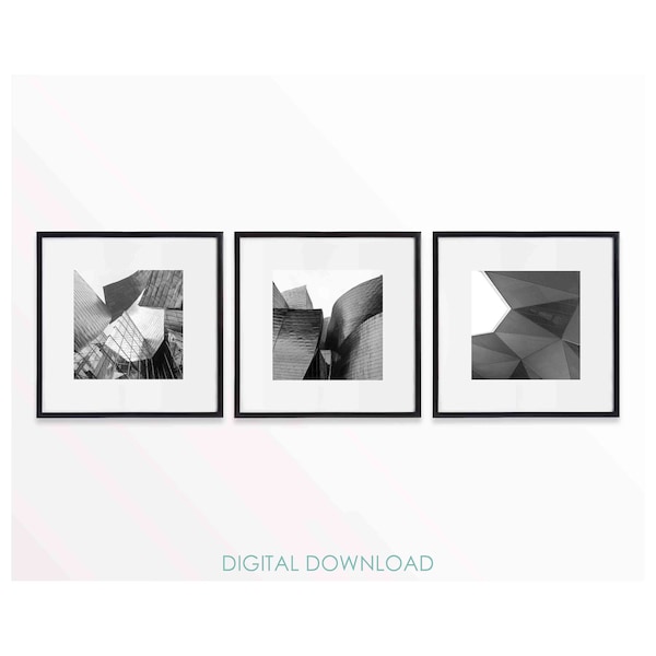 Black and White Architectural Wall Art Set, Black White Wall Art, Black White Art Prints, Square photography, Digital download